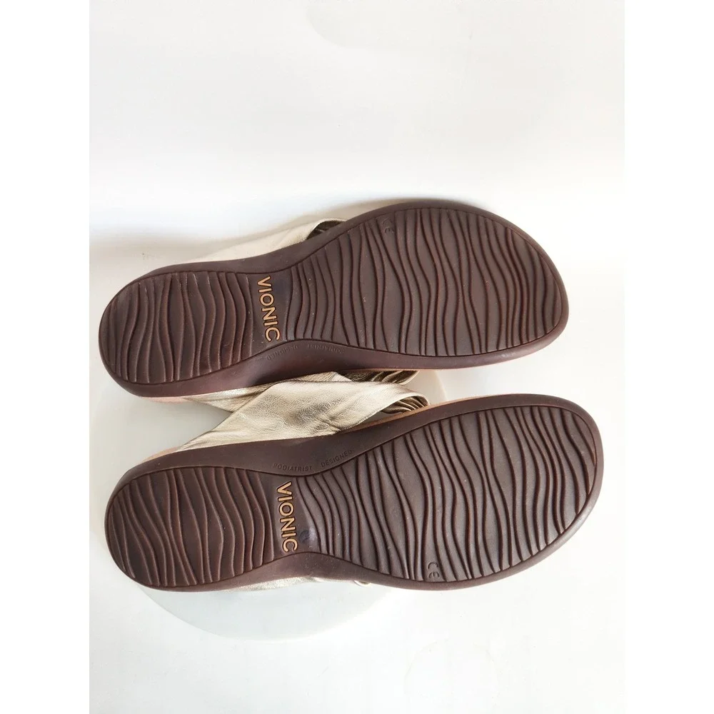 Vionic Pippa Sandals 10 Gold Leather Knotted Orthotic Thong Flip Flops Comfort